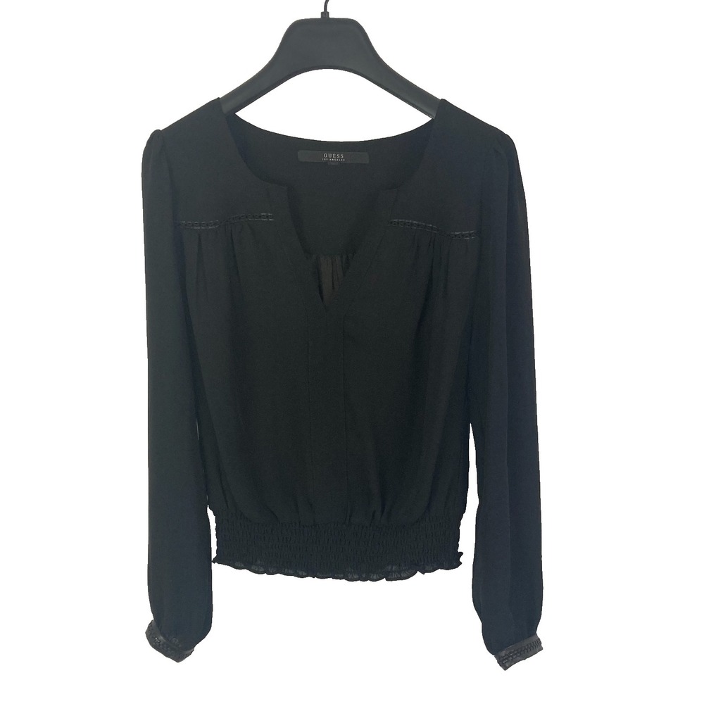 Guess Los Angeles Black Long Sleeve Smocked Hem Blouse Women's Size XS